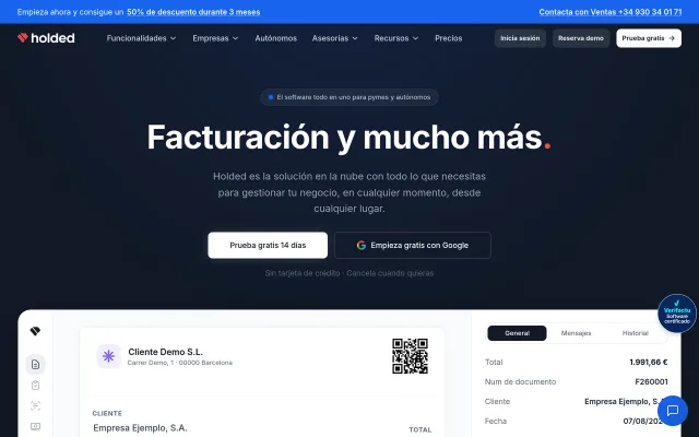 Portada de Holded con el mensaje «Facturación y mucho más» y una factura de ejemplo
